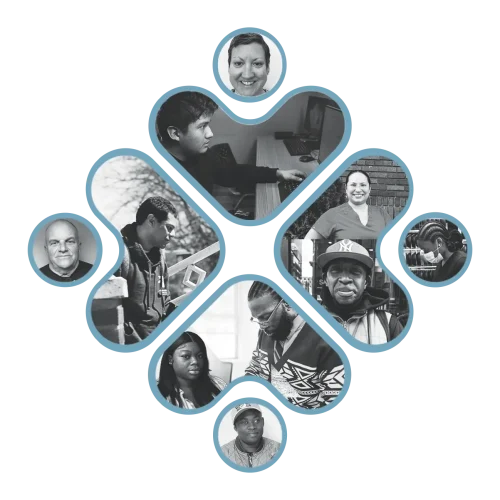 GW_NoTalentLeftBehind_icon A circle of people of various backgrounds, set against a striking blue backdrop, fostering a sense of community.